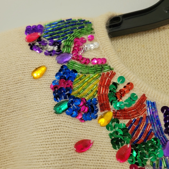 Diani Women's Vintage Bejeweled Beaded Cream Sweater Size L Silk Angora Wool 80s - Picture 4 of 10